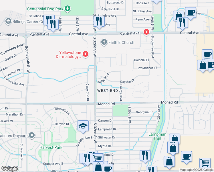 map of restaurants, bars, coffee shops, grocery stores, and more near 339 Faith Drive in Billings