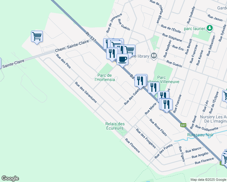 map of restaurants, bars, coffee shops, grocery stores, and more near 7220 Rue de la Grive in Terrebonne