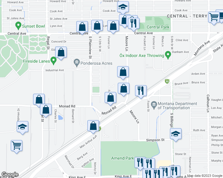 map of restaurants, bars, coffee shops, grocery stores, and more near 305 Foster Lane in Billings