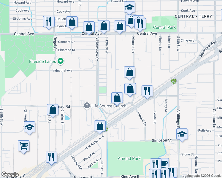 map of restaurants, bars, coffee shops, grocery stores, and more near 341 South 12th Street West in Billings