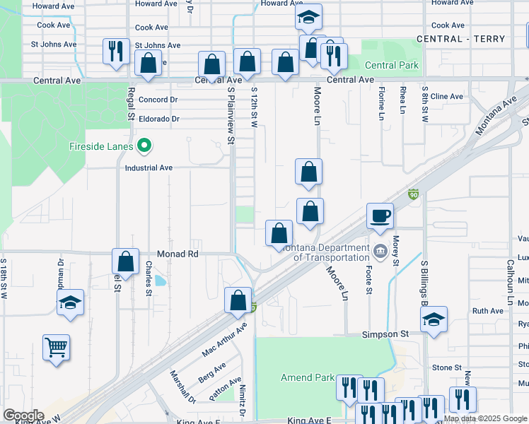 map of restaurants, bars, coffee shops, grocery stores, and more near 341 South 12th Street West in Billings