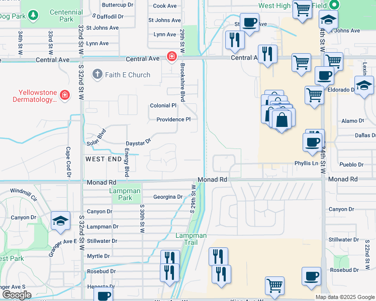 map of restaurants, bars, coffee shops, grocery stores, and more near 373 Stonegate Circle in Billings