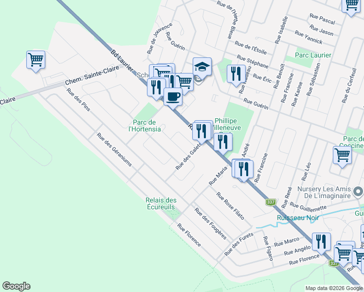 map of restaurants, bars, coffee shops, grocery stores, and more near 7161 Rue des Gaspareaux in Terrebonne