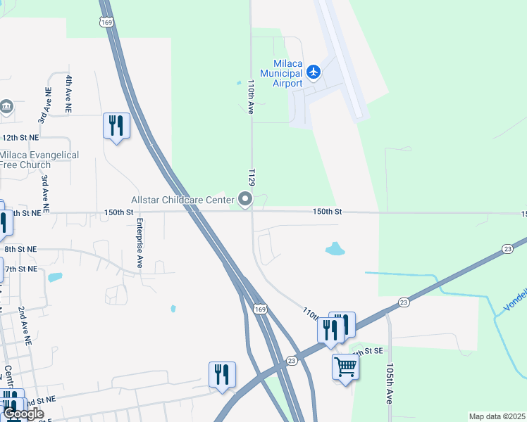map of restaurants, bars, coffee shops, grocery stores, and more near 10956 County Road 33 in Milaca