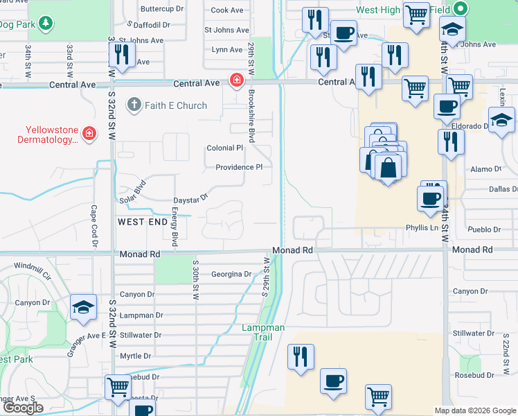 map of restaurants, bars, coffee shops, grocery stores, and more near 264 Brookshire Boulevard in Billings