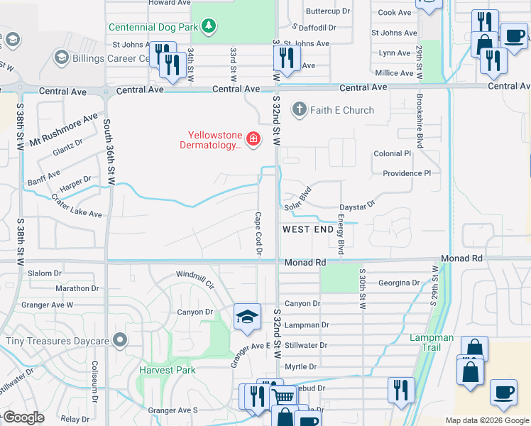 map of restaurants, bars, coffee shops, grocery stores, and more near 253 Cape Cod Drive in Billings