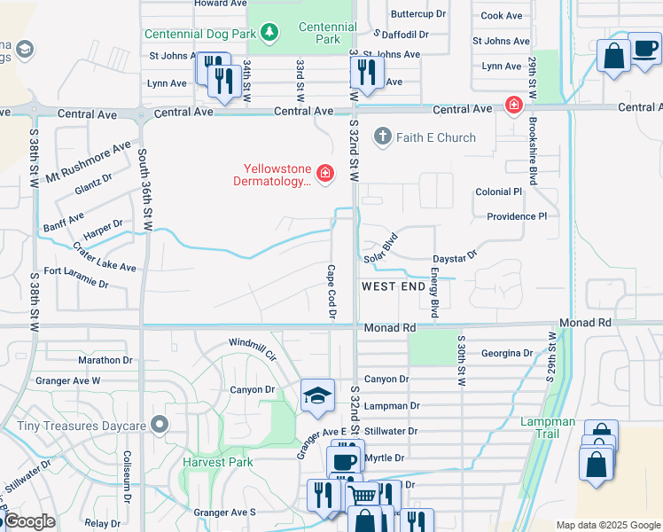 map of restaurants, bars, coffee shops, grocery stores, and more near 283 Cape Cod Drive in Billings
