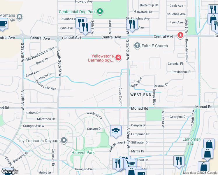 map of restaurants, bars, coffee shops, grocery stores, and more near 3306-3318 Shenandoah Drive in Billings