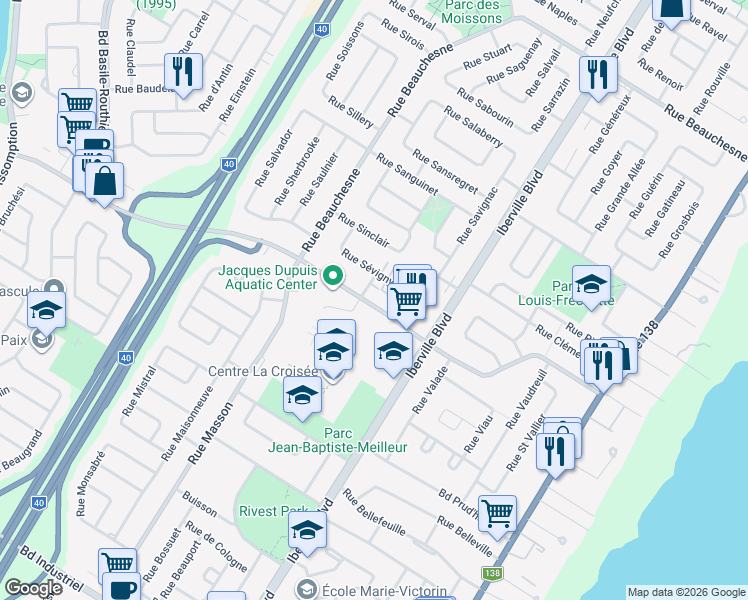 map of restaurants, bars, coffee shops, grocery stores, and more near 175 Rue Valmont in Repentigny