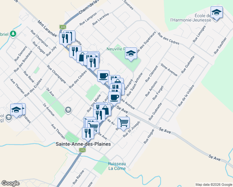 map of restaurants, bars, coffee shops, grocery stores, and more near 406 Boulevard Sainte Anne in Sainte-Anne-des-Plaines