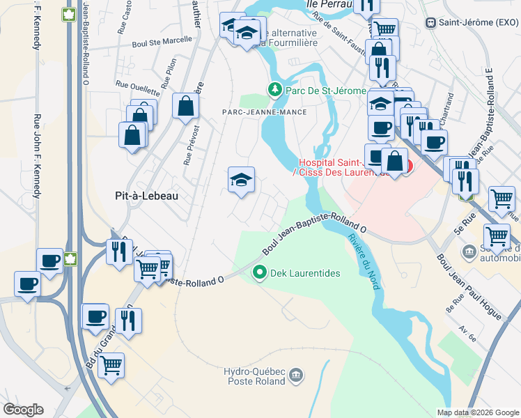 map of restaurants, bars, coffee shops, grocery stores, and more near 164 Rue Frontenac in Saint-Jérôme