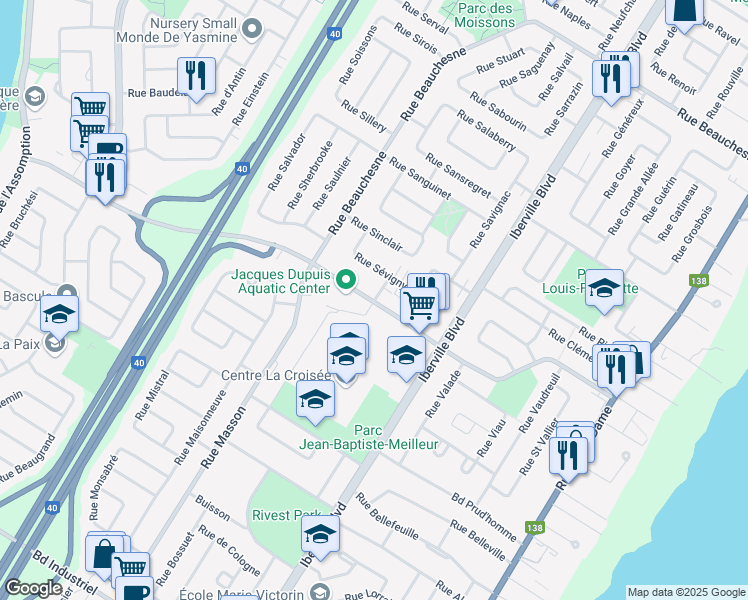 map of restaurants, bars, coffee shops, grocery stores, and more near 784 Sartre Street in Repentigny