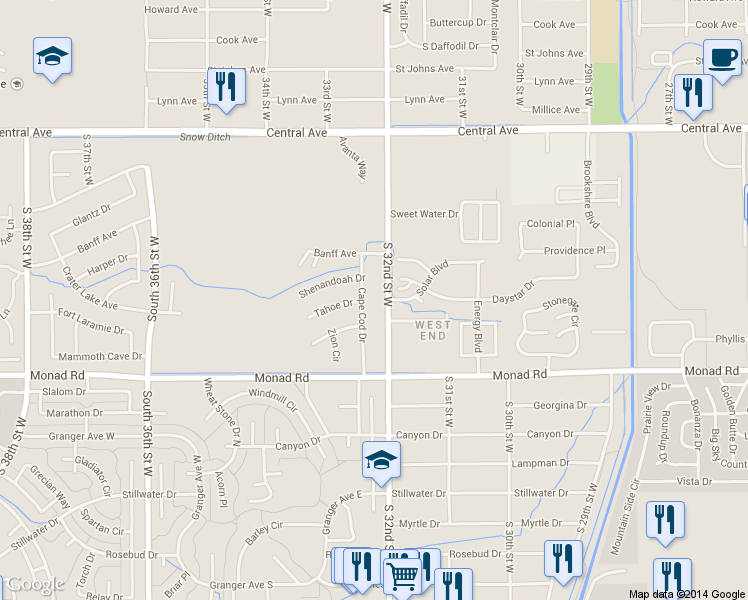 map of restaurants, bars, coffee shops, grocery stores, and more near 253 Cape Cod Drive in Billings