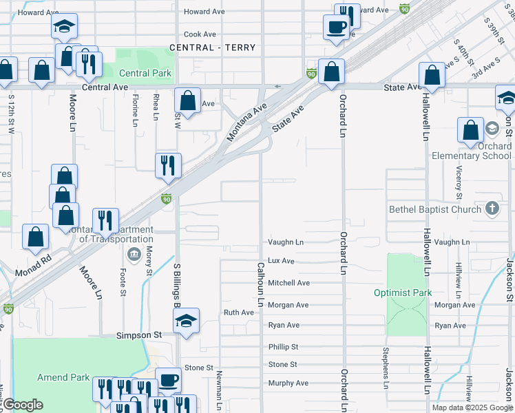 map of restaurants, bars, coffee shops, grocery stores, and more near 4610 Bruce Avenue in Billings