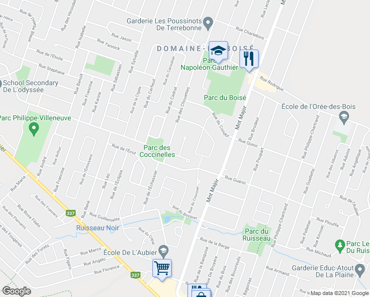 map of restaurants, bars, coffee shops, grocery stores, and more near 2420 Rue des Canaris in Terrebonne