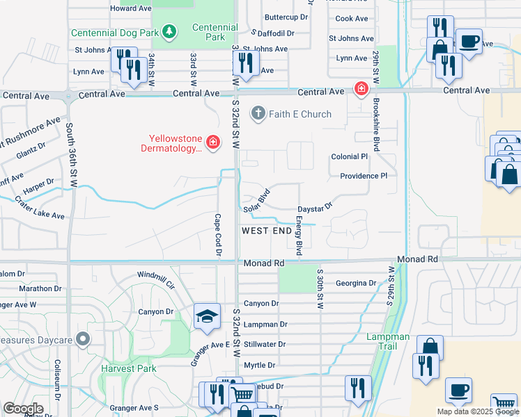 map of restaurants, bars, coffee shops, grocery stores, and more near 3134 Daystar Drive in Billings
