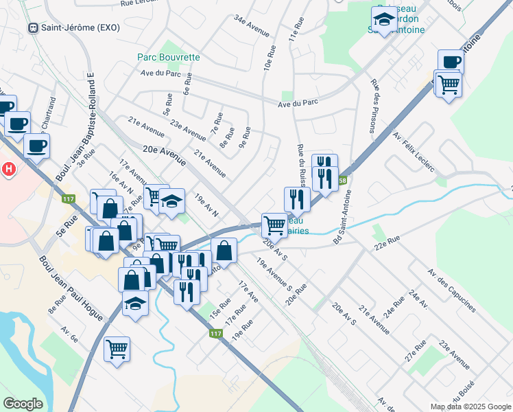 map of restaurants, bars, coffee shops, grocery stores, and more near 836 12e Rue in Saint-Jérôme