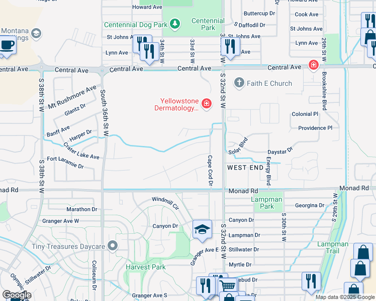 map of restaurants, bars, coffee shops, grocery stores, and more near 3318 Shenandoah Drive in Billings