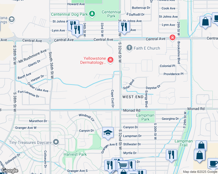 map of restaurants, bars, coffee shops, grocery stores, and more near 3265 Tahoe Drive in Billings