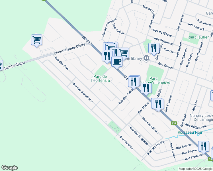 map of restaurants, bars, coffee shops, grocery stores, and more near 7271 Rue de la Grive in Terrebonne