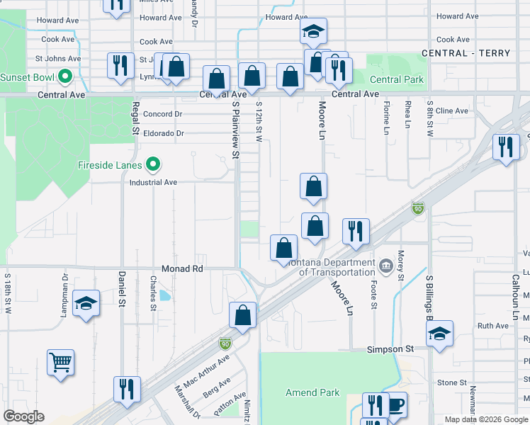 map of restaurants, bars, coffee shops, grocery stores, and more near 231 South 12th Street West in Billings
