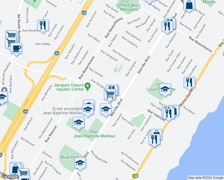 map of restaurants, bars, coffee shops, grocery stores, and more near 117 Rue Sévigny in Repentigny
