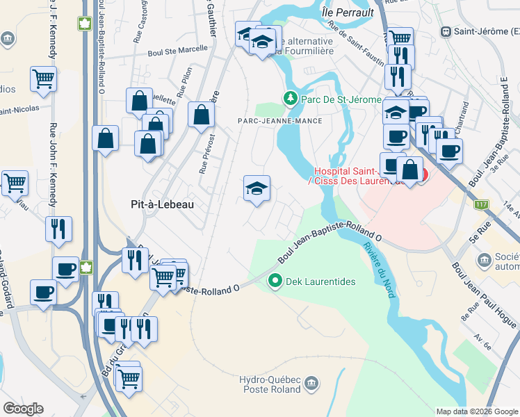 map of restaurants, bars, coffee shops, grocery stores, and more near 131 Rue Duvernay in Saint-Jérôme