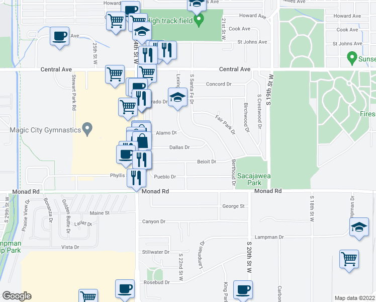 map of restaurants, bars, coffee shops, grocery stores, and more near 2170 Dallas Drive in Billings