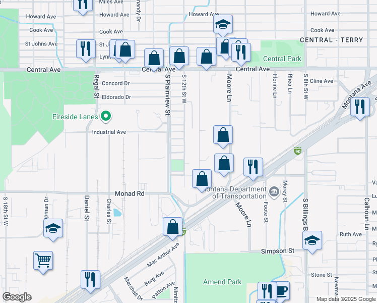 map of restaurants, bars, coffee shops, grocery stores, and more near 231 South 12th Street West in Billings