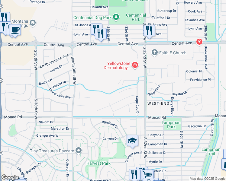map of restaurants, bars, coffee shops, grocery stores, and more near 3374 Crater Lake Avenue in Billings