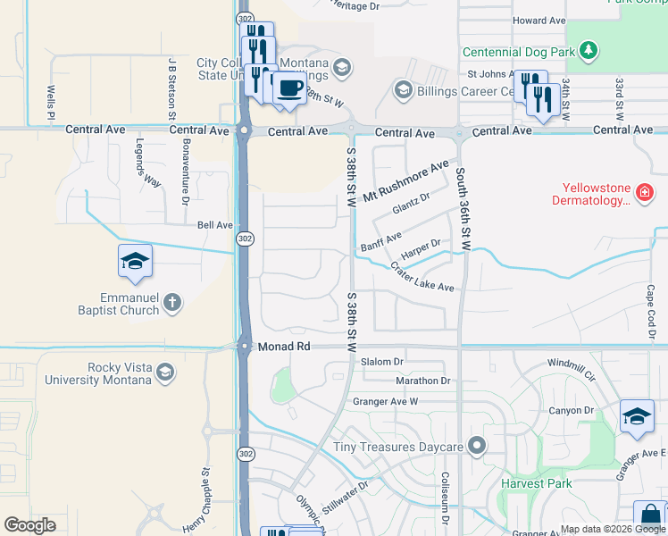 map of restaurants, bars, coffee shops, grocery stores, and more near 3842 Killdeer Lane in Billings