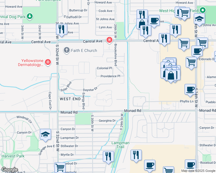 map of restaurants, bars, coffee shops, grocery stores, and more near 2944 Daystar Drive in Billings