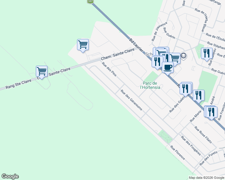 map of restaurants, bars, coffee shops, grocery stores, and more near 7703 Rue des Gardénias in Terrebonne