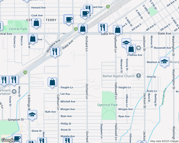 map of restaurants, bars, coffee shops, grocery stores, and more near 233 Orchard Lane in Billings