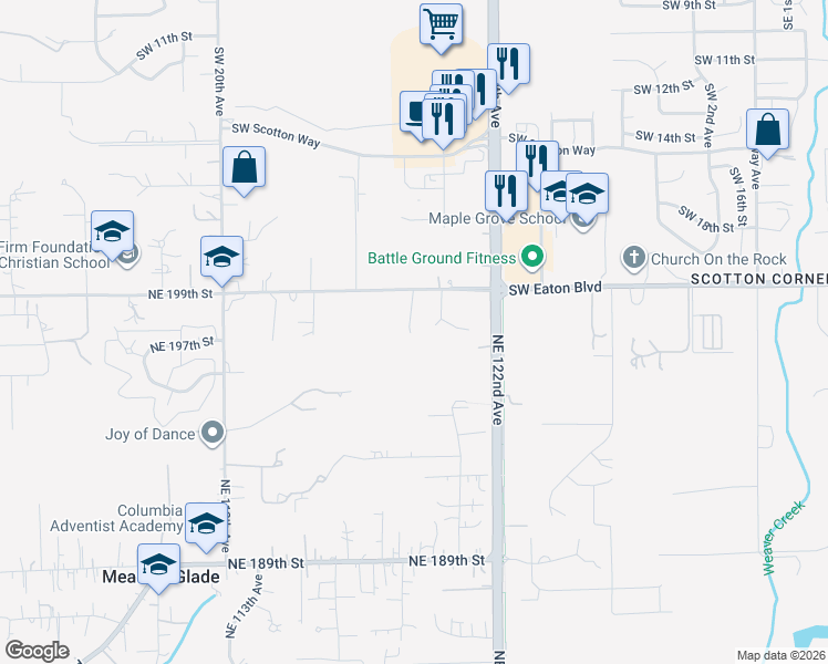 map of restaurants, bars, coffee shops, grocery stores, and more near 1303 Southwest Eaton Boulevard in Battle Ground