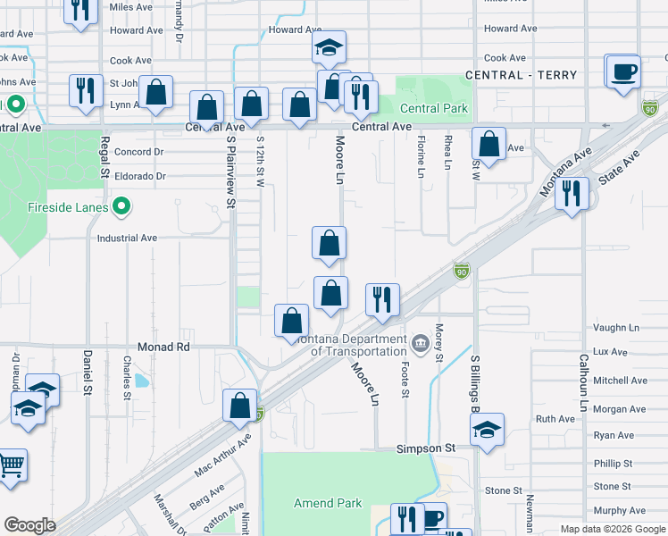 map of restaurants, bars, coffee shops, grocery stores, and more near 226 Moore Lane in Billings