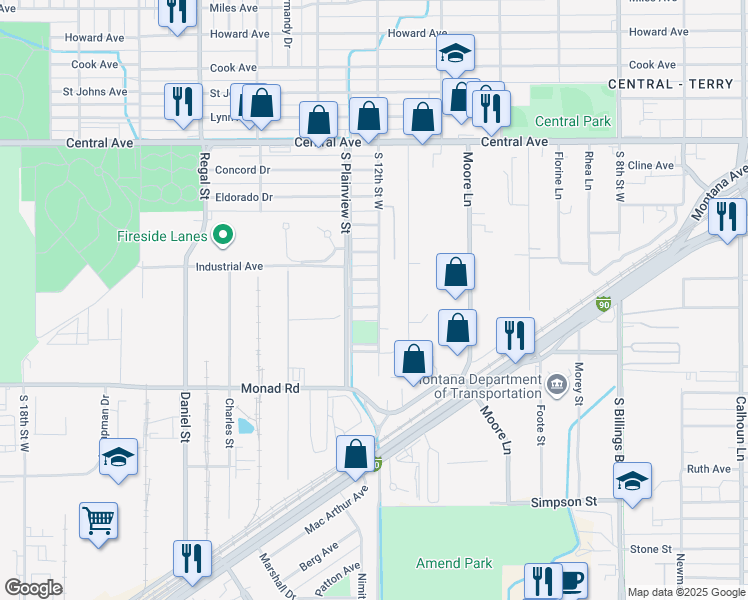 map of restaurants, bars, coffee shops, grocery stores, and more near 231 South 12th Street West in Billings