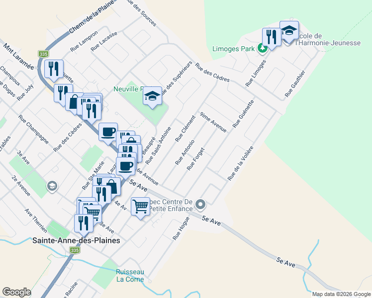 map of restaurants, bars, coffee shops, grocery stores, and more near 225 Rue Antonio in Sainte-Anne-des-Plaines