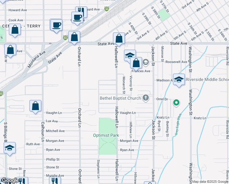 map of restaurants, bars, coffee shops, grocery stores, and more near 4205 Bruce Avenue in Billings