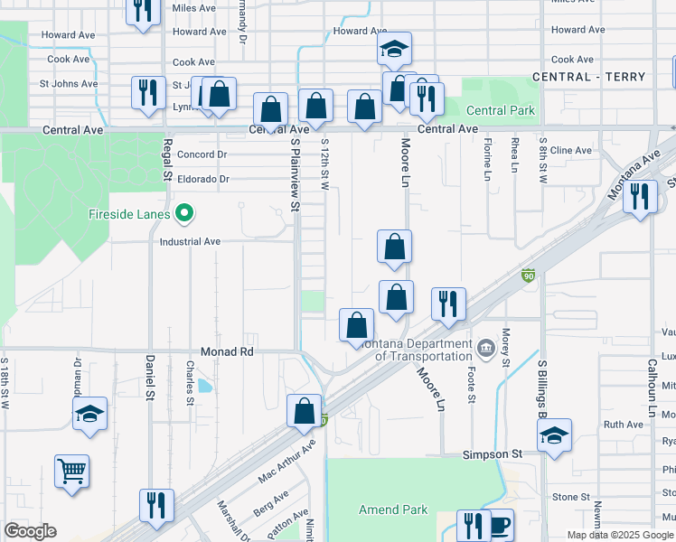 map of restaurants, bars, coffee shops, grocery stores, and more near 231 South 12th Street West in Billings