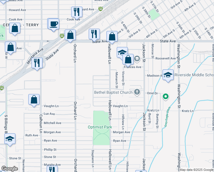 map of restaurants, bars, coffee shops, grocery stores, and more near 4205 Bruce Avenue in Billings