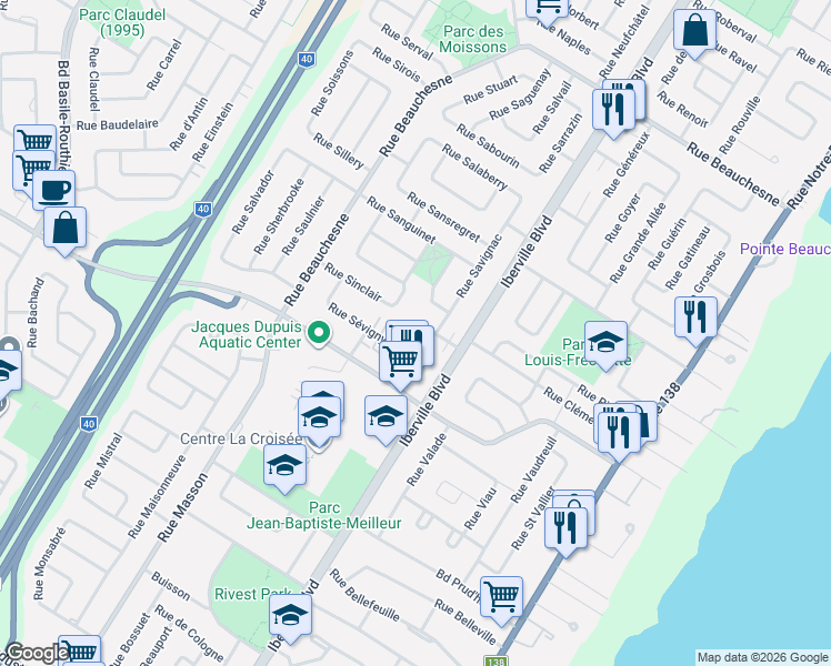 map of restaurants, bars, coffee shops, grocery stores, and more near 144 Rue Sigouin in Repentigny