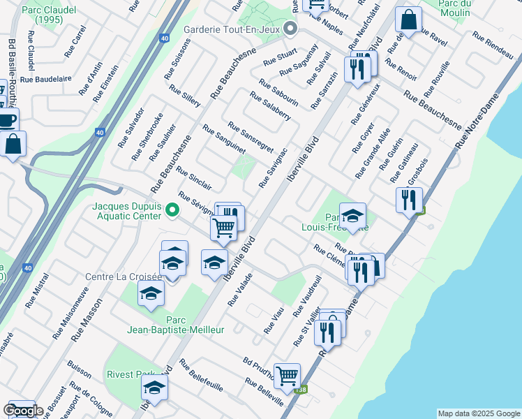 map of restaurants, bars, coffee shops, grocery stores, and more near 801 Boulevard Iberville in Repentigny