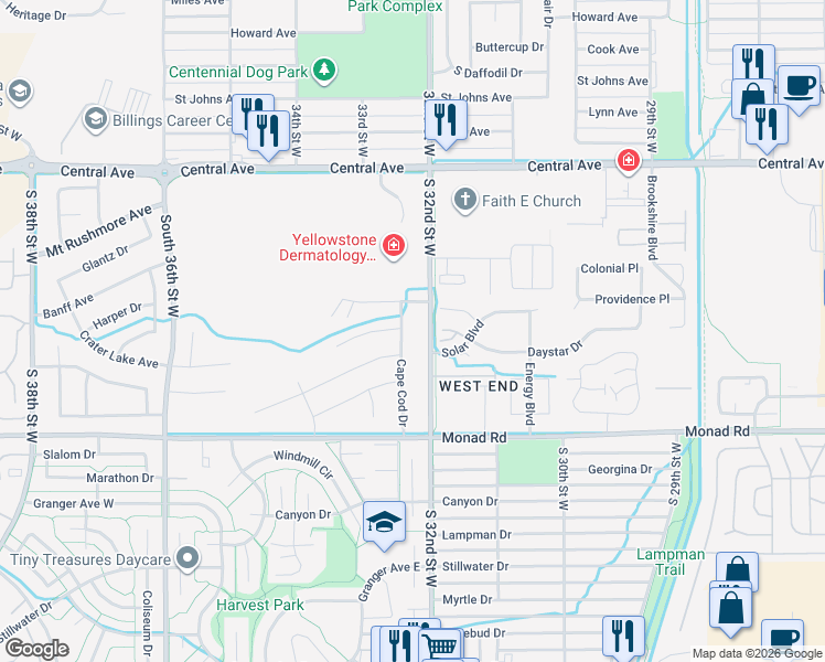 map of restaurants, bars, coffee shops, grocery stores, and more near 253 Cape Cod Drive in Billings