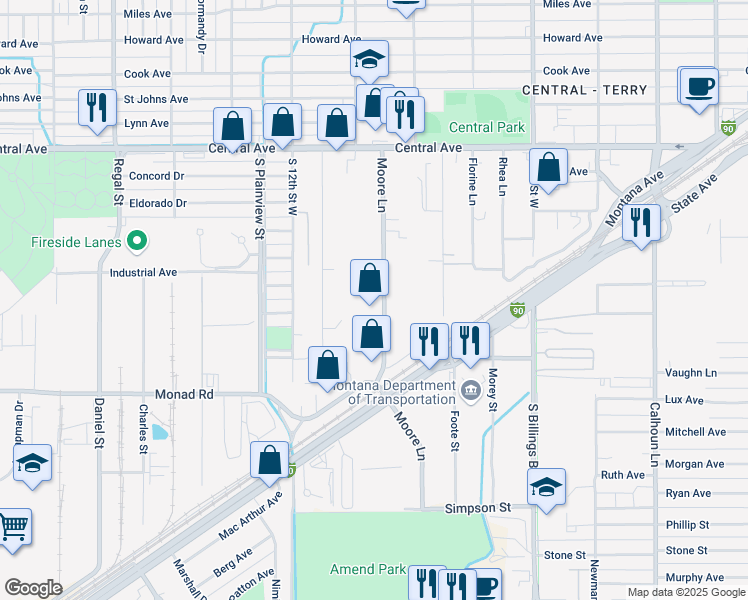 map of restaurants, bars, coffee shops, grocery stores, and more near 222 Moore Lane in Billings