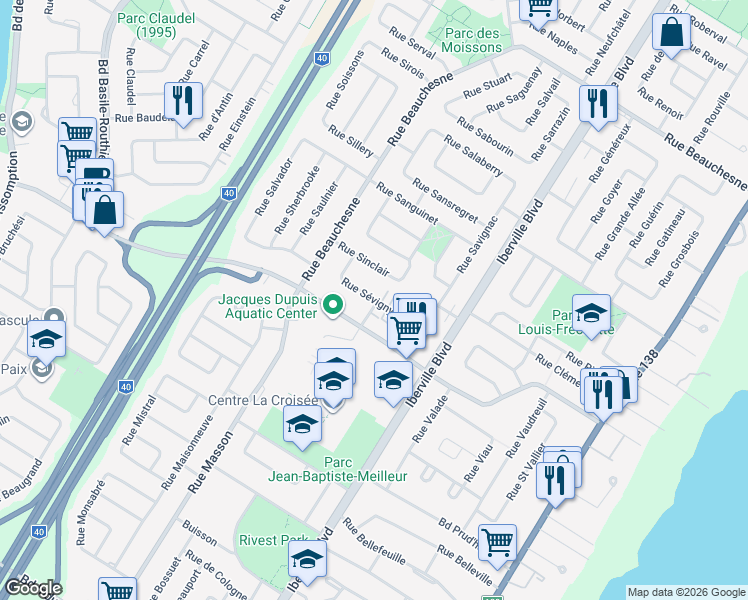 map of restaurants, bars, coffee shops, grocery stores, and more near 134 Sévigny Street in Repentigny