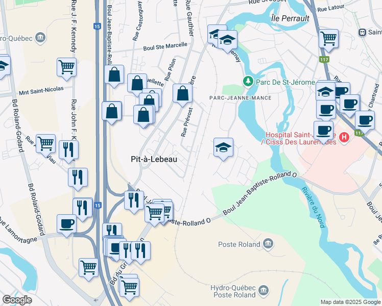 map of restaurants, bars, coffee shops, grocery stores, and more near 446 Rue Blanchard in Saint-Jérôme