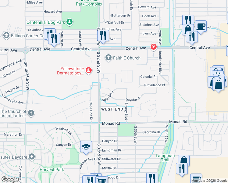 map of restaurants, bars, coffee shops, grocery stores, and more near 3122 Solar Boulevard in Billings