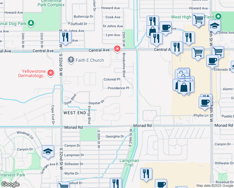 map of restaurants, bars, coffee shops, grocery stores, and more near 2944 Daystar Drive in Billings