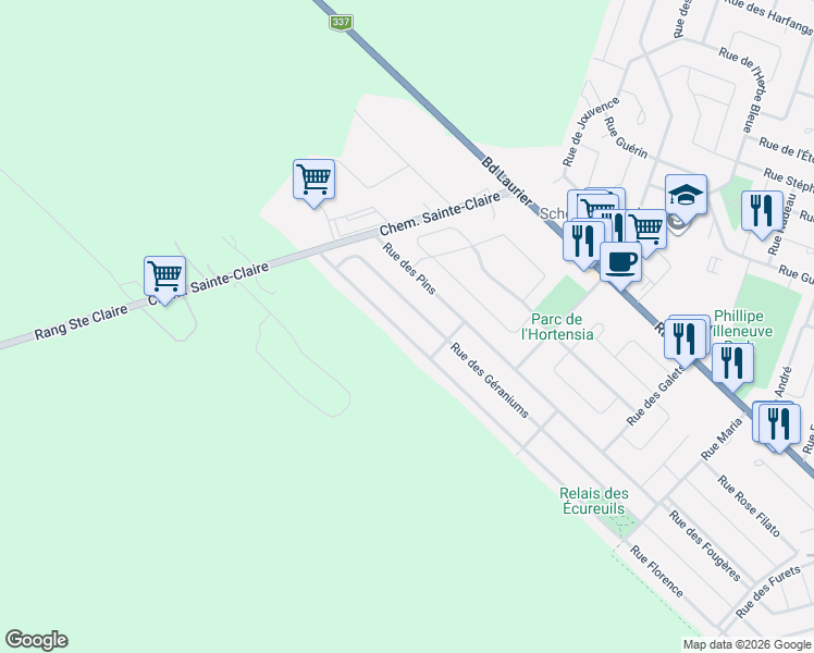 map of restaurants, bars, coffee shops, grocery stores, and more near 7763 Rue des Gardénias in Terrebonne